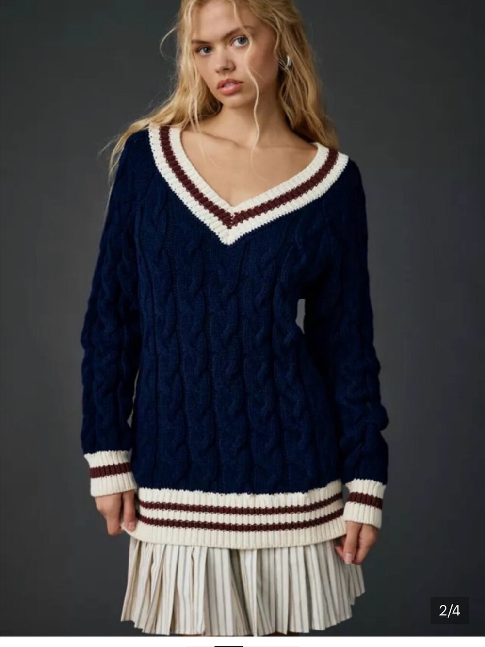En Saison Navy Cable V-Neck Sweater with Cream & Maroon Trim with attached mini - Picture 2 of 3